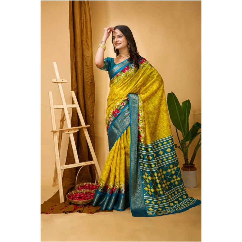 Mayawye Women's Soft Dola Cotton Kalamkari Printed Saree With Unstitched Blouse 5.5Mtr (Yellow)