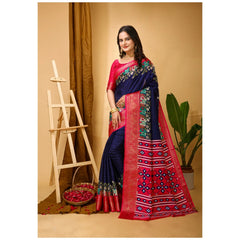 Mayawye Women's Soft Dola Cotton Kalamkari Printed Saree With Unstitched Blouse 5.5Mtr (Navy Blue)