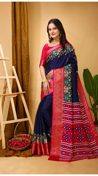 Mayawye Women's Soft Dola Cotton Kalamkari Printed Saree With Unstitched Blouse 5.5Mtr (Navy Blue)