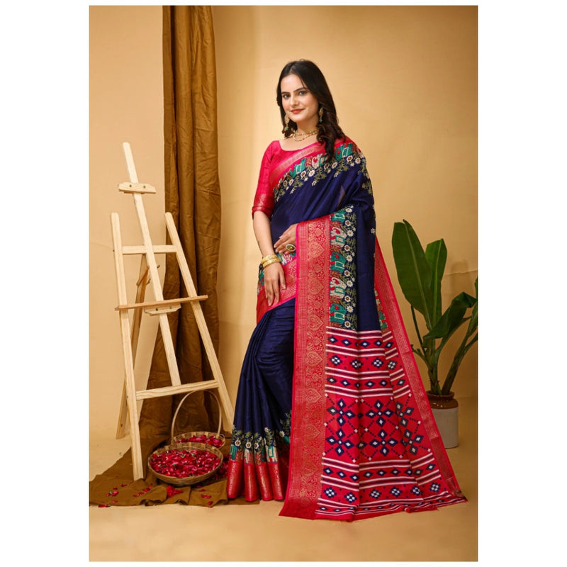 Mayawye Women's Soft Dola Cotton Kalamkari Printed Saree With Unstitched Blouse 5.5Mtr (Navy Blue)