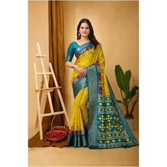 Mayawye Women's Soft Dola Cotton Kalamkari Printed Saree With Unstitched Blouse 5.5Mtr (Yellow)