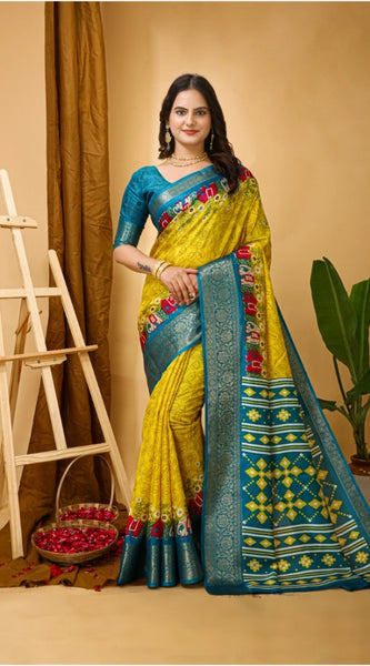Mayawye Women's Soft Dola Cotton Kalamkari Printed Saree With Unstitched Blouse 5.5Mtr (Yellow)