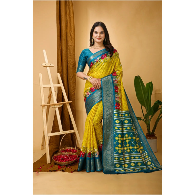 Mayawye Women's Soft Dola Cotton Kalamkari Printed Saree With Unstitched Blouse 5.5Mtr (Yellow)