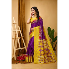 Mayawye Women's Soft Dola Cotton Kalamkari Printed Saree With Unstitched Blouse 5.5Mtr (Purple)