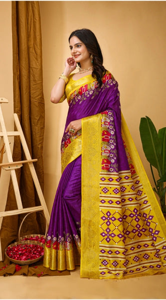 Mayawye Women's Soft Dola Cotton Kalamkari Printed Saree With Unstitched Blouse 5.5Mtr (Purple)