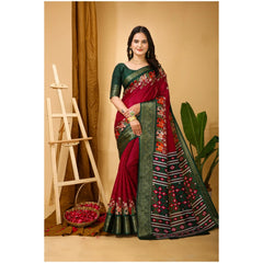 Mayawye Women's Soft Dola Cotton Kalamkari Printed Saree With Unstitched Blouse 5.5Mtr (Red)