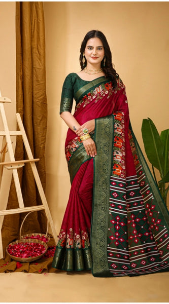Mayawye Women's Soft Dola Cotton Kalamkari Printed Saree With Unstitched Blouse 5.5Mtr (Red)