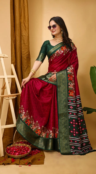 Mayawye Women's Soft Dola Cotton Kalamkari Printed Saree With Unstitched Blouse 5.5Mtr (Red)