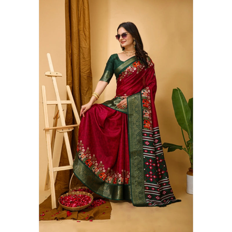 Mayawye Women's Soft Dola Cotton Kalamkari Printed Saree With Unstitched Blouse 5.5Mtr (Red)