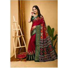Mayawye Women's Soft Dola Cotton Kalamkari Printed Saree With Unstitched Blouse 5.5Mtr (Red)