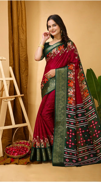 Mayawye Women's Soft Dola Cotton Kalamkari Printed Saree With Unstitched Blouse 5.5Mtr (Red)