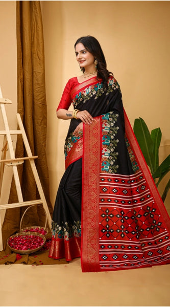 Mayawye Women's Soft Dola Cotton Kalamkari Printed Saree With Unstitched Blouse 5.5Mtr (Black)