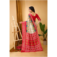Mayawye Women's Soft Dola Cotton Kalamkari Printed Saree With Unstitched Blouse 5.5Mtr (White)