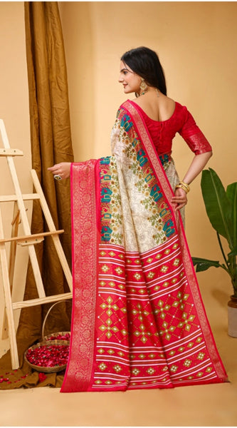 Mayawye Women's Soft Dola Cotton Kalamkari Printed Saree With Unstitched Blouse 5.5Mtr (White)