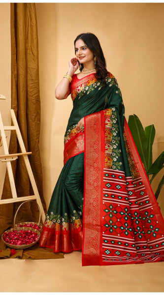 Mayawye Women's Soft Dola Cotton Kalamkari Printed Saree With Unstitched Blouse 5.5Mtr (Green)