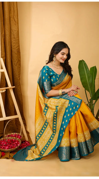 Mayawye Women's Soft Dola Cotton Kalamkari Printed Saree With Unstitched Blouse 5.5Mtr (Yellow)