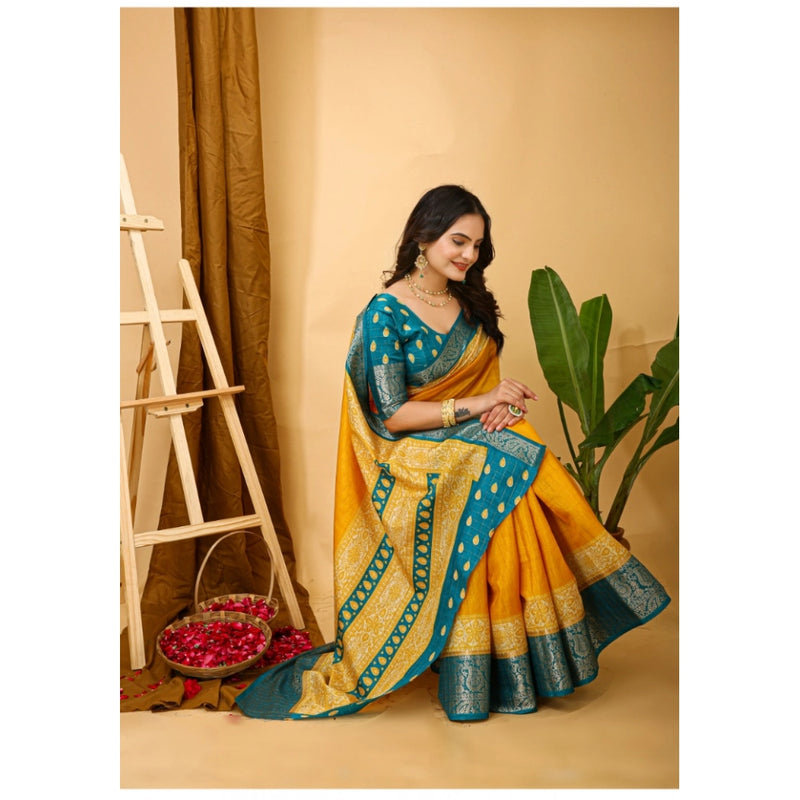 Mayawye Women's Soft Dola Cotton Kalamkari Printed Saree With Unstitched Blouse 5.5Mtr (Yellow)