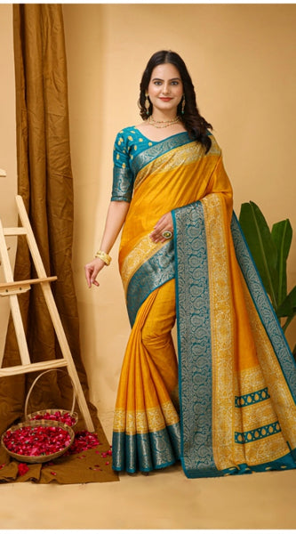 Mayawye Women's Soft Dola Cotton Kalamkari Printed Saree With Unstitched Blouse 5.5Mtr (Yellow)