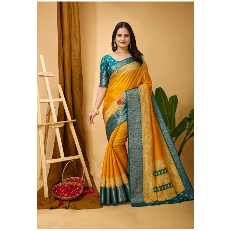 Mayawye Women's Soft Dola Cotton Kalamkari Printed Saree With Unstitched Blouse 5.5Mtr (Yellow)