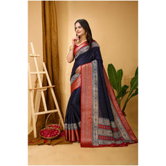 Mayawye Women's Soft Dola Cotton Kalamkari Printed Saree With Unstitched Blouse 5.5Mtr (Navy Blue)