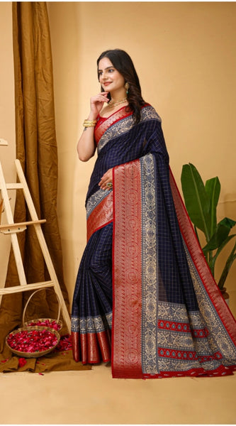 Mayawye Women's Soft Dola Cotton Kalamkari Printed Saree With Unstitched Blouse 5.5Mtr (Navy Blue)