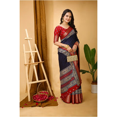 Mayawye Women's Soft Dola Cotton Kalamkari Printed Saree With Unstitched Blouse 5.5Mtr (Navy Blue)