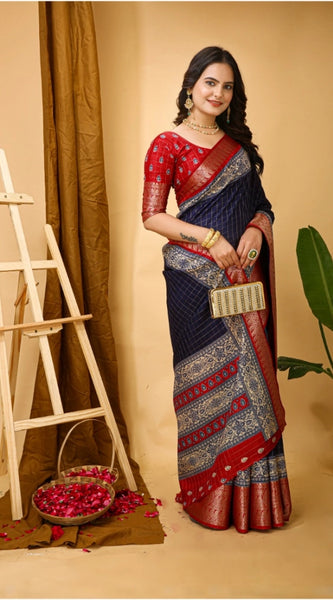 Mayawye Women's Soft Dola Cotton Kalamkari Printed Saree With Unstitched Blouse 5.5Mtr (Navy Blue)