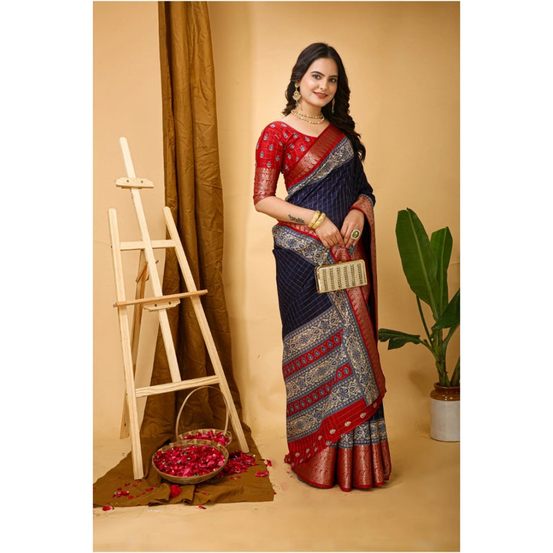 Mayawye Women's Soft Dola Cotton Kalamkari Printed Saree With Unstitched Blouse 5.5Mtr (Navy Blue)