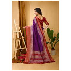 Mayawye Women's Soft Dola Cotton Kalamkari Printed Saree With Unstitched Blouse 5.5Mtr (Purple)