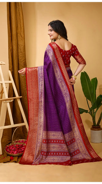Mayawye Women's Soft Dola Cotton Kalamkari Printed Saree With Unstitched Blouse 5.5Mtr (Purple)