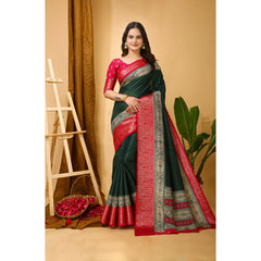 Mayawye Women's Soft Dola Cotton Kalamkari Printed Saree With Unstitched Blouse 5.5Mtr (B.Green)