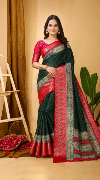 Mayawye Women's Soft Dola Cotton Kalamkari Printed Saree With Unstitched Blouse 5.5Mtr (B.Green)