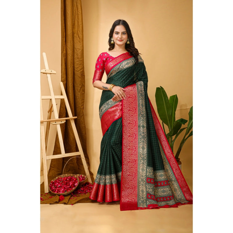 Mayawye Women's Soft Dola Cotton Kalamkari Printed Saree With Unstitched Blouse 5.5Mtr (B.Green)