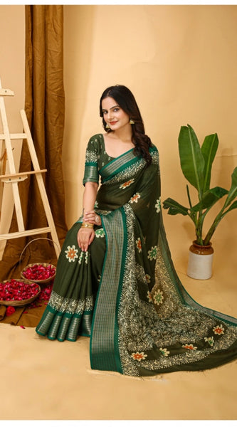 Mayawye Women's Soft Blooming Marshmallow Fabric Kalamkari Printed Saree With Unstitched Blouse 5.5Mtr (Green)