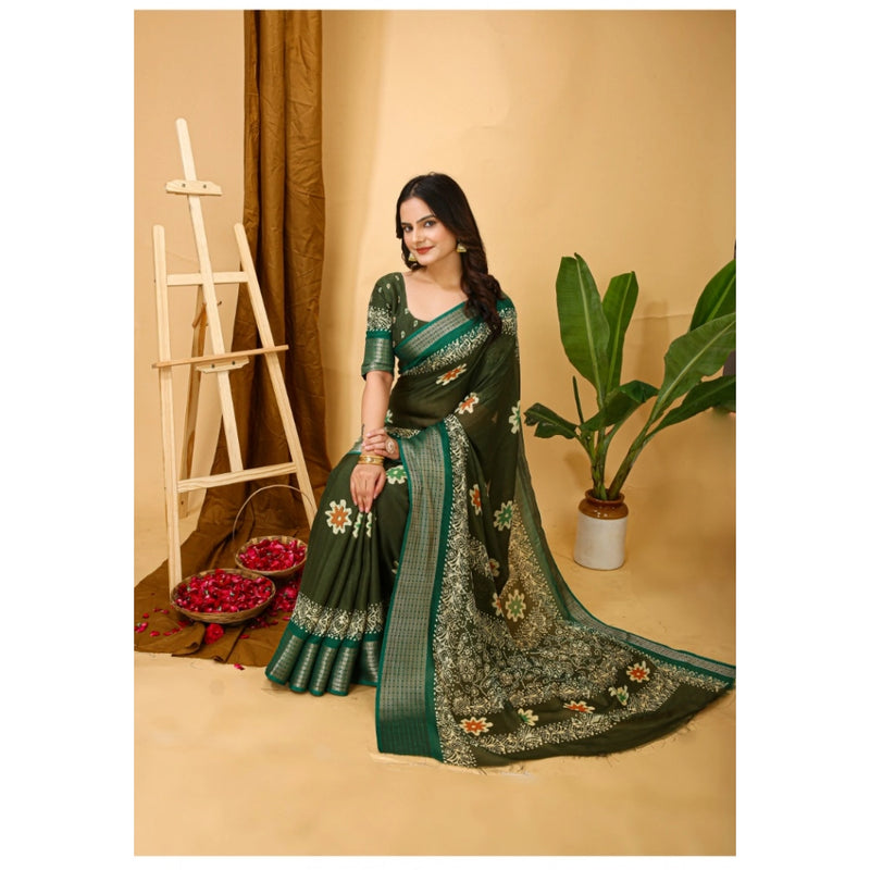Mayawye Women's Soft Blooming Marshmallow Fabric Kalamkari Printed Saree With Unstitched Blouse 5.5Mtr (Green)