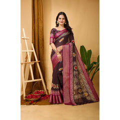 Mayawye Women's Soft Blooming Marshmallow Fabric Kalamkari Printed Saree With Unstitched Blouse 5.5Mtr (Maroon)