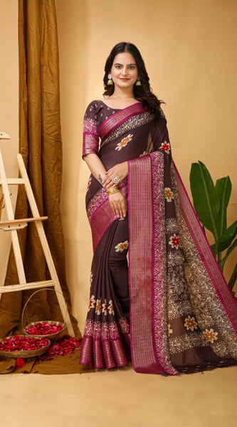 Mayawye Women's Soft Blooming Marshmallow Fabric Kalamkari Printed Saree With Unstitched Blouse 5.5Mtr (Maroon)