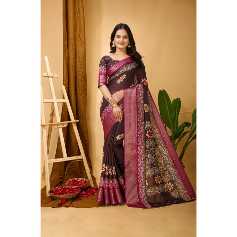 Mayawye Women's Soft Blooming Marshmallow Fabric Kalamkari Printed Saree With Unstitched Blouse 5.5Mtr (Maroon)