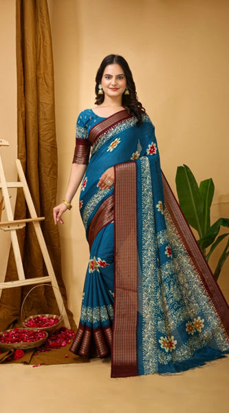 Mayawye Women's Soft Blooming Marshmallow Fabric Kalamkari Printed Saree With Unstitched Blouse 5.5Mtr (Blue)