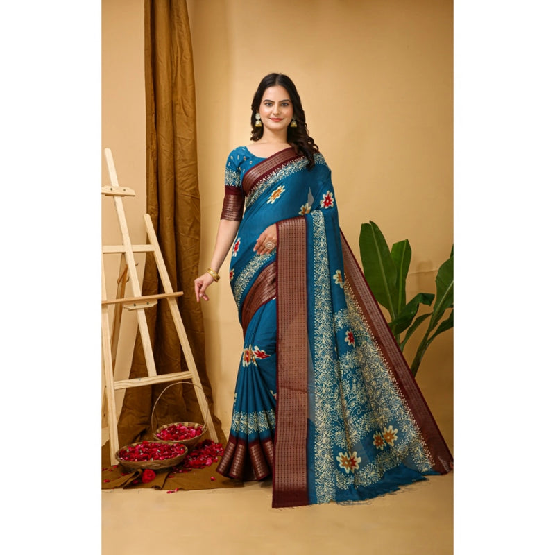 Mayawye Women's Soft Blooming Marshmallow Fabric Kalamkari Printed Saree With Unstitched Blouse 5.5Mtr (Blue)