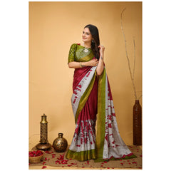 Mayawye Women's Soft Handloom Cotton Kalamkari Printed Saree With Unstitched Blouse 5.5Mtr (Maroon)