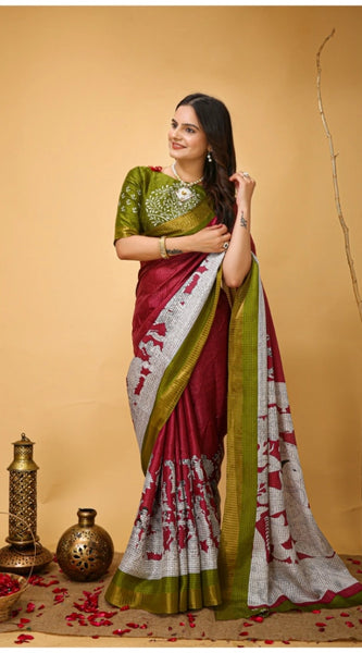 Mayawye Women's Soft Handloom Cotton Kalamkari Printed Saree With Unstitched Blouse 5.5Mtr (Maroon)