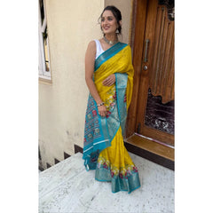 Mayawye Women's Soft Dola Cotton Kalamkari Printed Saree With Unstitched Blouse 5.5Mtr (Mustard)