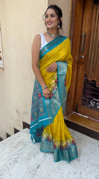 Mayawye Women's Soft Dola Cotton Kalamkari Printed Saree With Unstitched Blouse 5.5Mtr (Mustard)