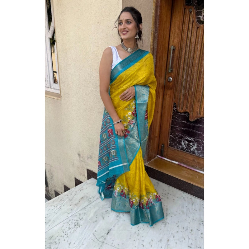 Mayawye Women's Soft Dola Cotton Kalamkari Printed Saree With Unstitched Blouse 5.5Mtr (Mustard)