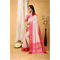 Mayawye Women's Soft Cotton Silk Printed Saree With Unstitched Blouse 5.5Mtr (Pink)