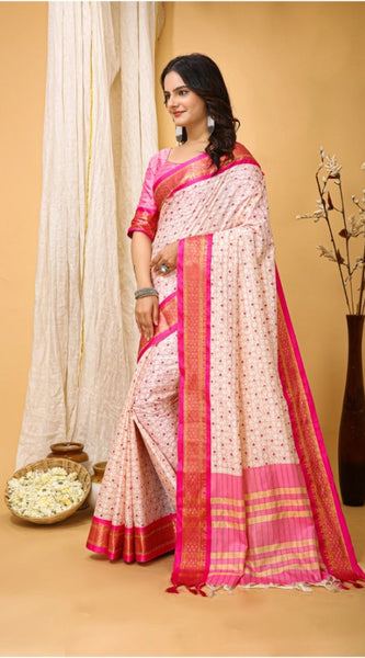 Mayawye Women's Soft Cotton Silk Printed Saree With Unstitched Blouse 5.5Mtr (Pink)