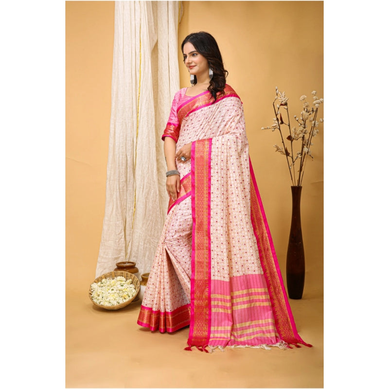 Mayawye Women's Soft Cotton Silk Printed Saree With Unstitched Blouse 5.5Mtr (Pink)