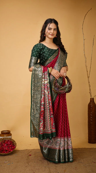 Mayawye Women's Soft Dola Cotton Kalamkari Printed Saree With Unstitched Blouse 5.5Mtr (Maroon)