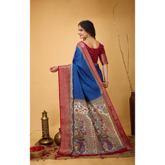 Mayawye Women's Soft Dola Cotton Kalamkari Printed Saree With Unstitched Blouse 5.5Mtr (Blue)